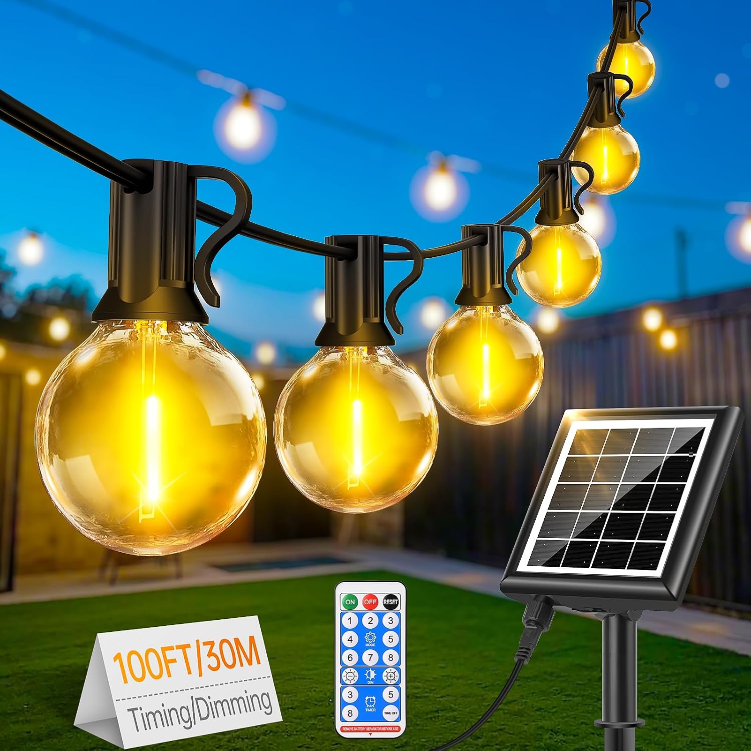 Solar Lichterkette aussen 15m G40 LED 21 Birnen dimmbar 8 Modi mit Fernbedienung