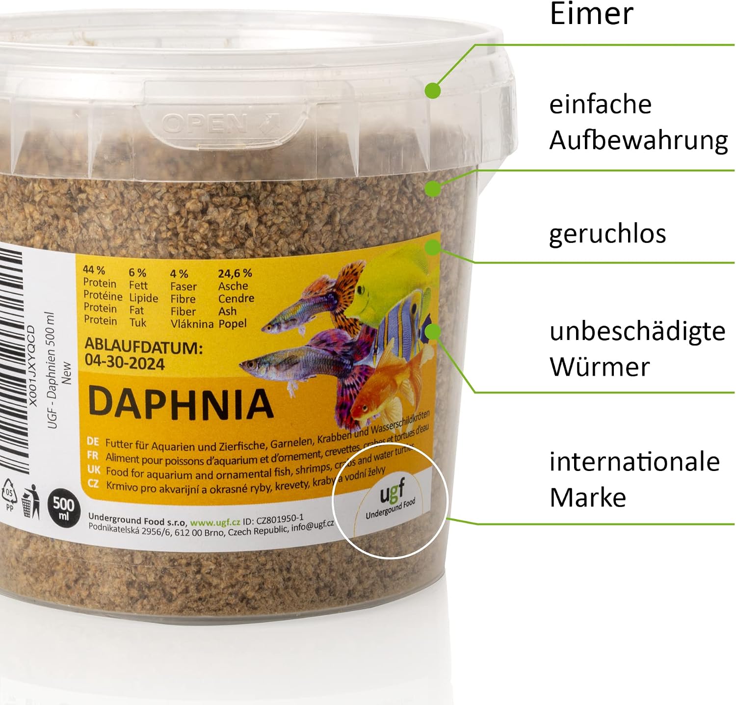 UGF Daphnia Wasserfloehe getrocknet 80 g im 500 ml Eimer Fischfutter Aquarium