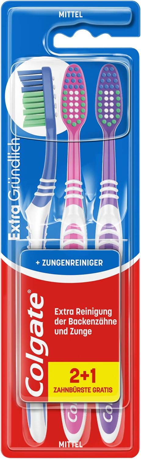 Colgate Extra Clean Zahnbuerste mittel 3er Pack mit Zungenreiniger