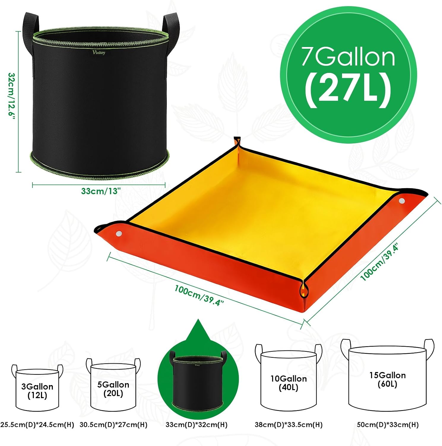 5er Set Stofftopf Vlies Grow Bag mit Griffen + 100×100 cm Pflanzmatte -6