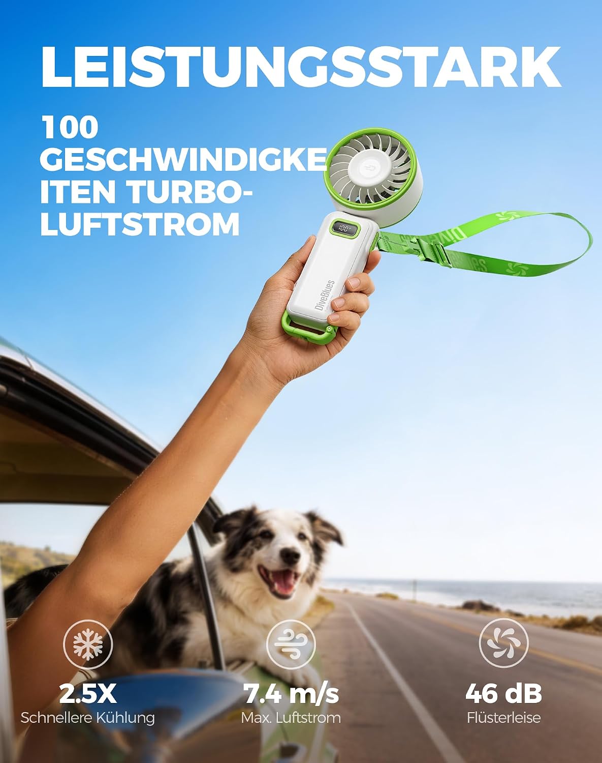 Diveblues Handventilator 4-in-1 faltbar 180° Akku 100 Stufen starker Luftstrom