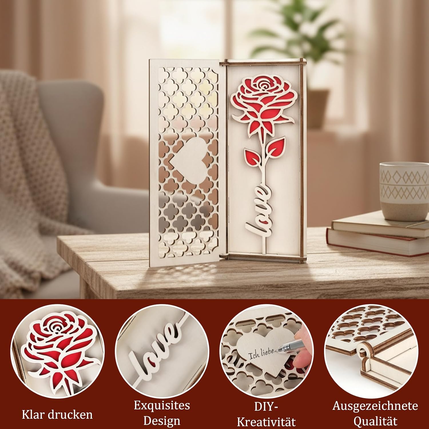 Love Holzrose rot Geschenk fuer Frauen Valentinstag Geburtstag