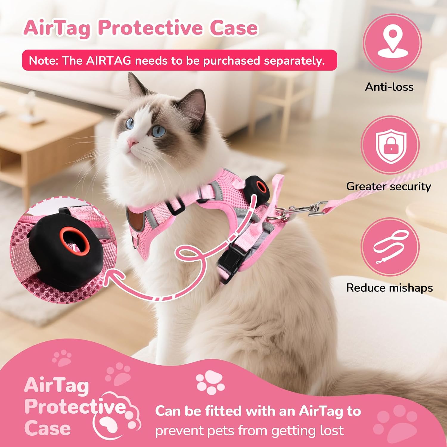 Katzengeschirr verstellbar mit Leine S-L, ausbruchsicher, reflektierend, atmungs