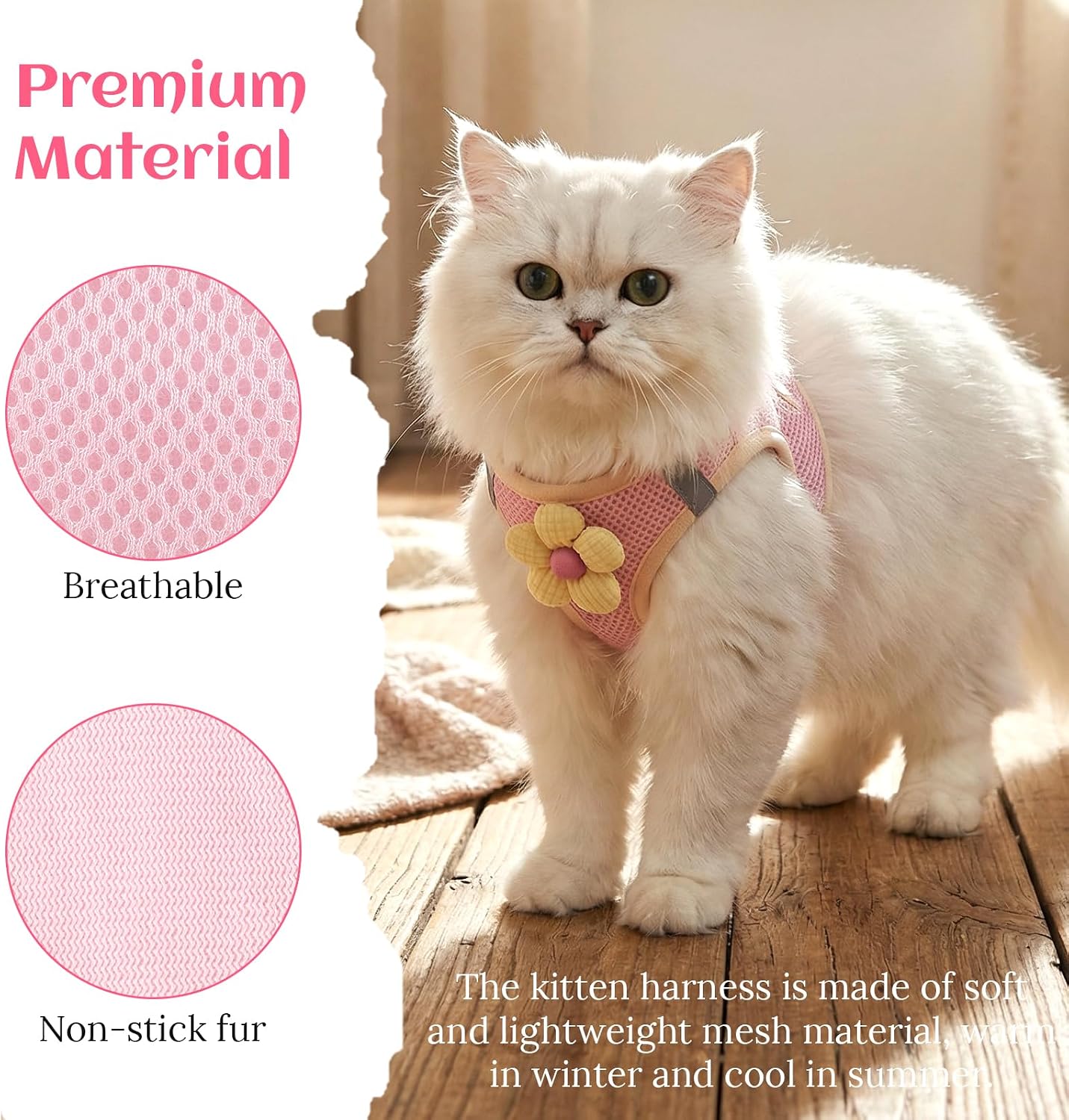 Katzen Geschirr mit Leine verstellbar rosa, weich, reflektierend, lang