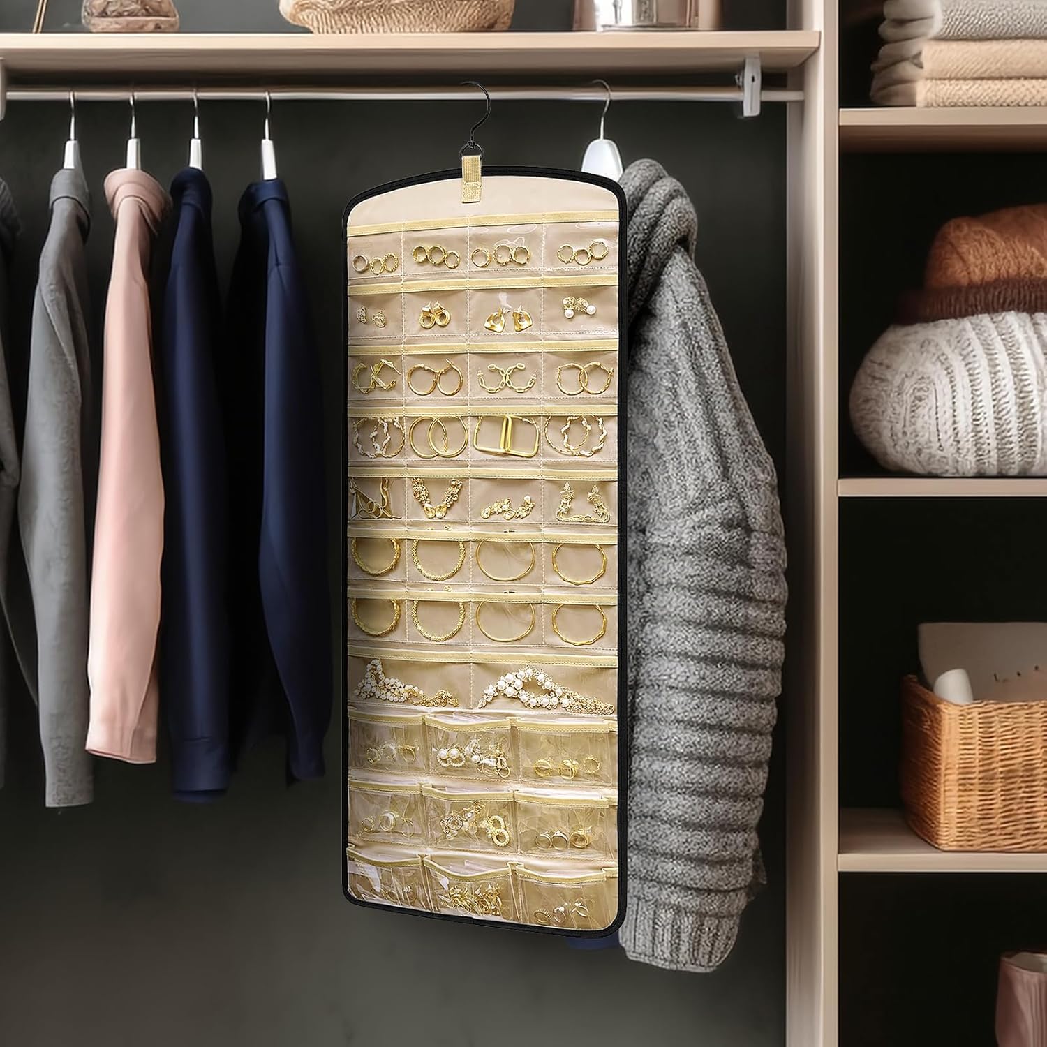 Schmuck-Organizer zum Aufhaengen mit Haken und Taschen, doppelseitig