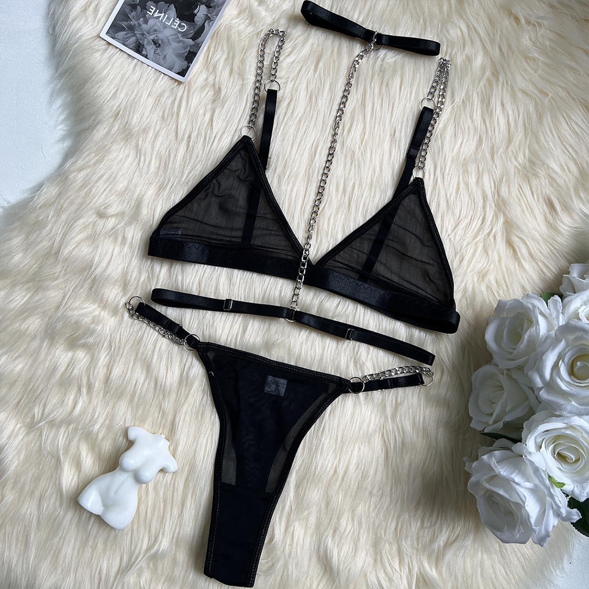 Damen Dessous BH mit Kettentraegern Slip mit Kettenakzent Set S-XL