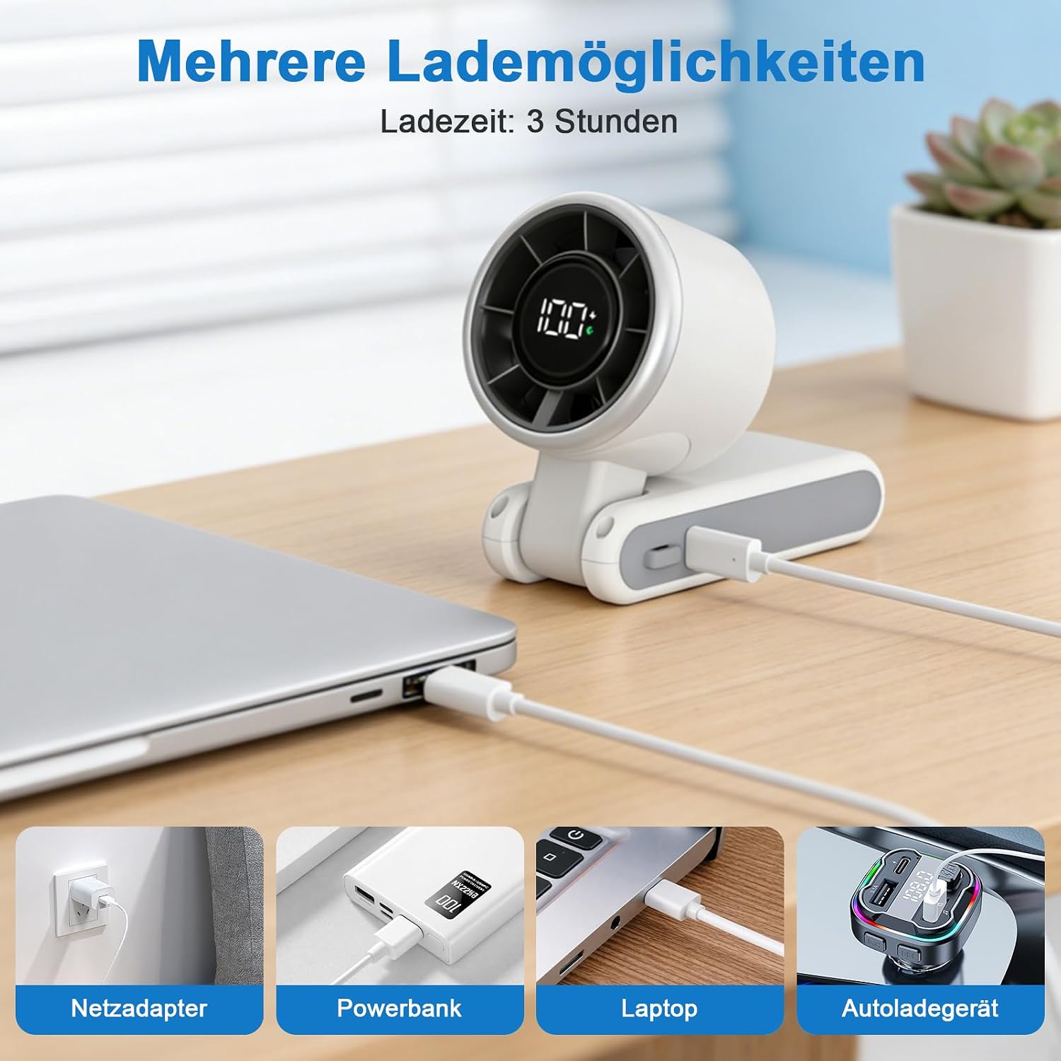 SURFOU Handventilator 4000 mAh Akku, 5 Stufen, faltbar, USB, LED-Anzeige, Schwar
