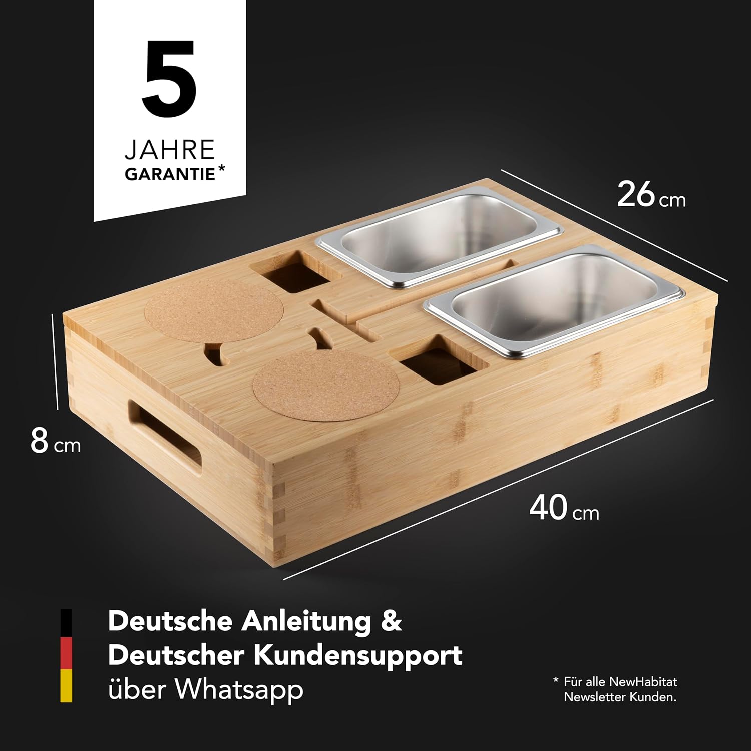 Couchbar Bambus Snackbox mit 2 Schalen, 2 Getraenkehaltern, Handyhalter Schwarz