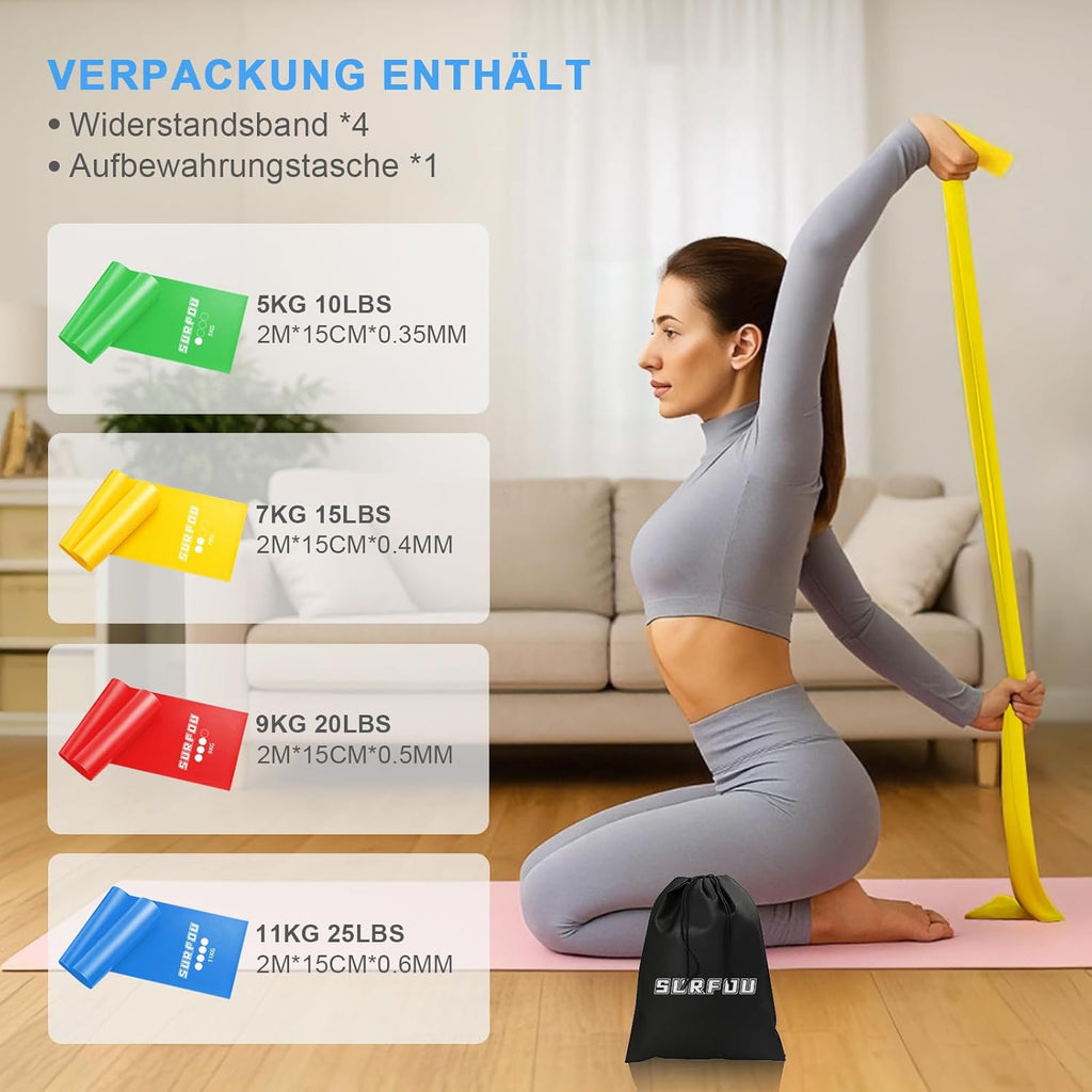 SURFOU Fitnessbaender Set 4 Widerstaende mit Tragetasche fuer Yoga Pilates Krafttra