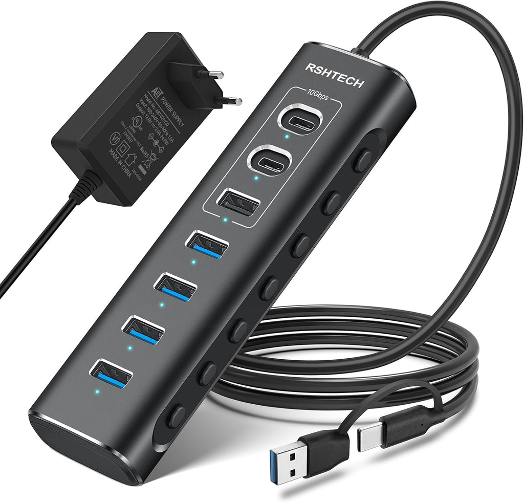 RSHTECH USB‑C Hub 7‑Port 10 Gbps mit Netzteil, USB Splitter Adapter
