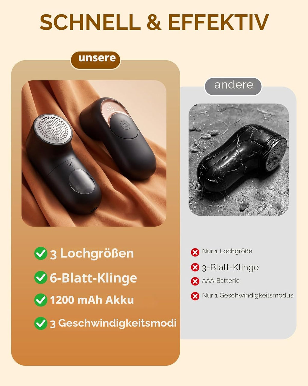Fusselrasierer elektrisch aufladbar 3 Stufen LED Akku Kleidungsrasierer