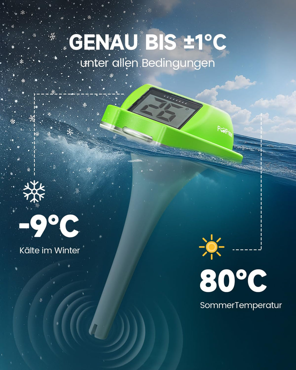 Poolthermometer schwimmend mit Doppelanzeige, digitale Temperaturanzeige IPX7