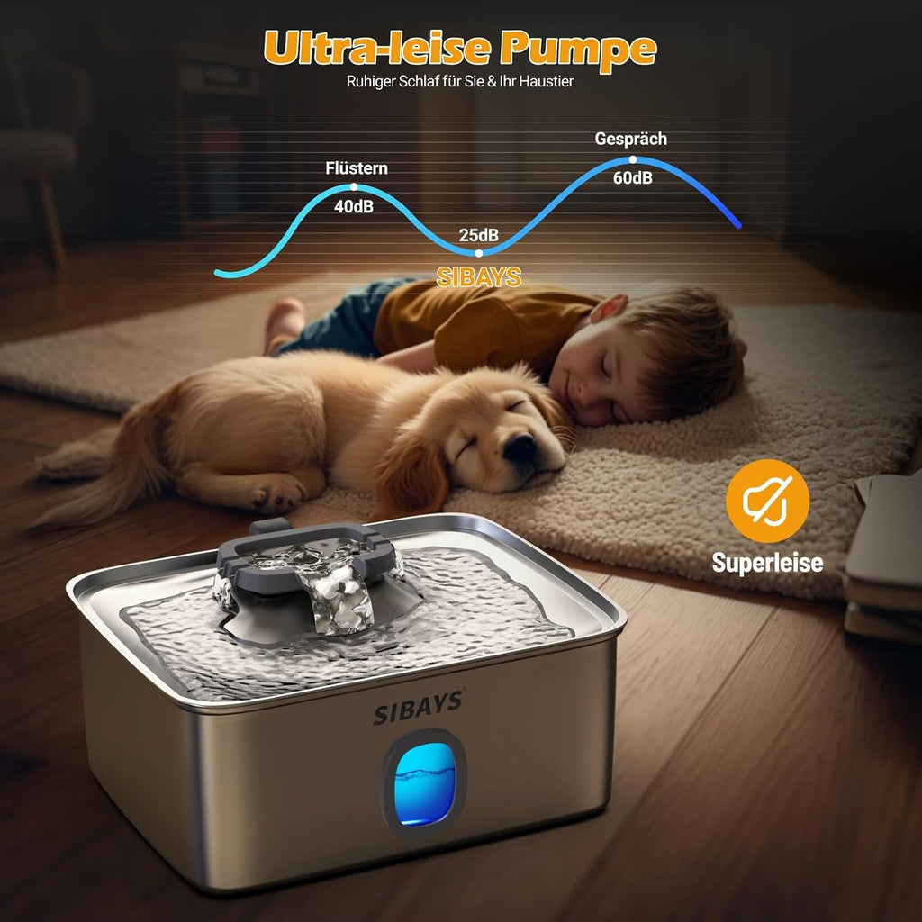 Edelstahl Trinkbrunnen 15L fuer Katze und Hund mit breiter Schale und LED