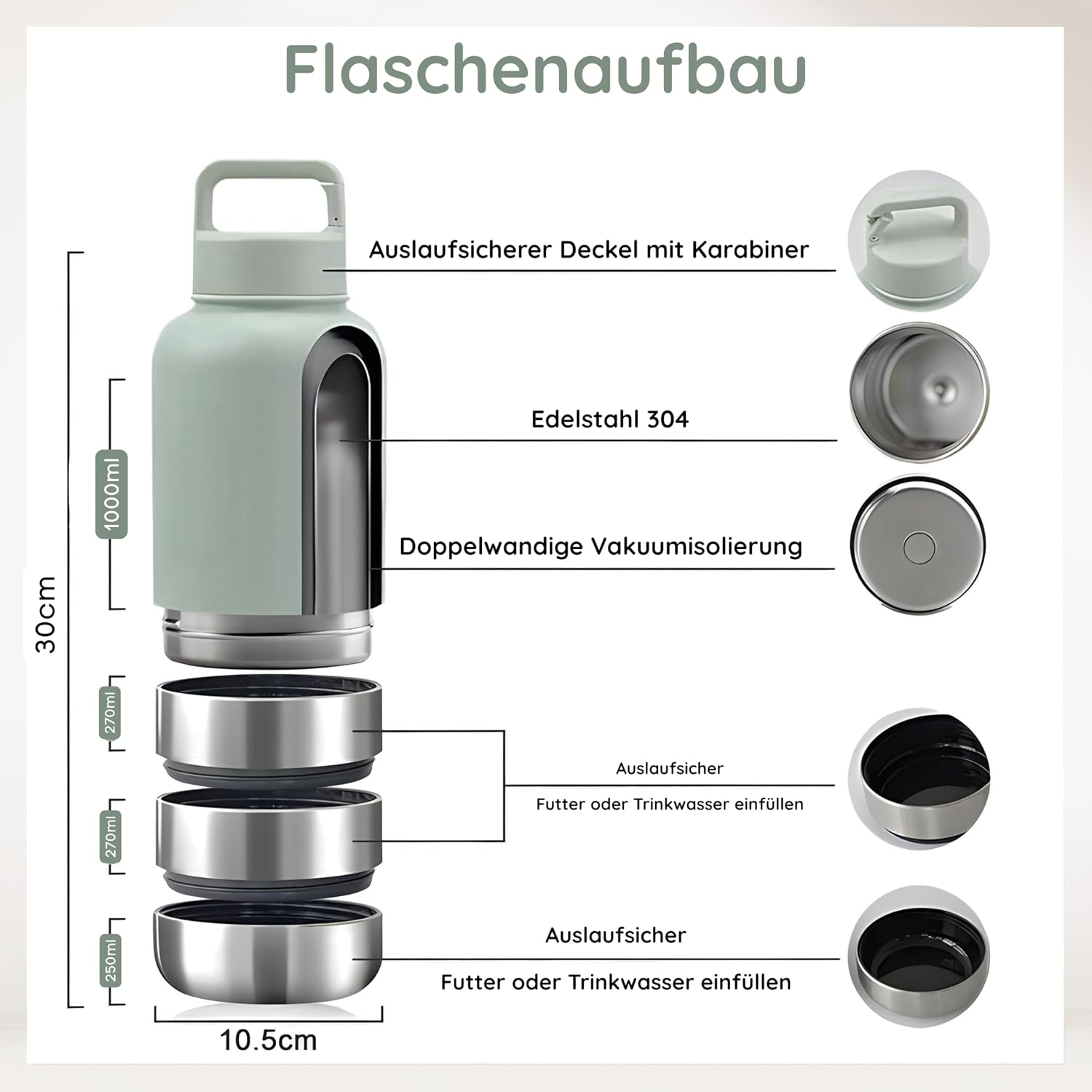 Reiseflasche 4-in-1 fuer Hunde Katzen Edelstahl isoliert auslaufsicher cr