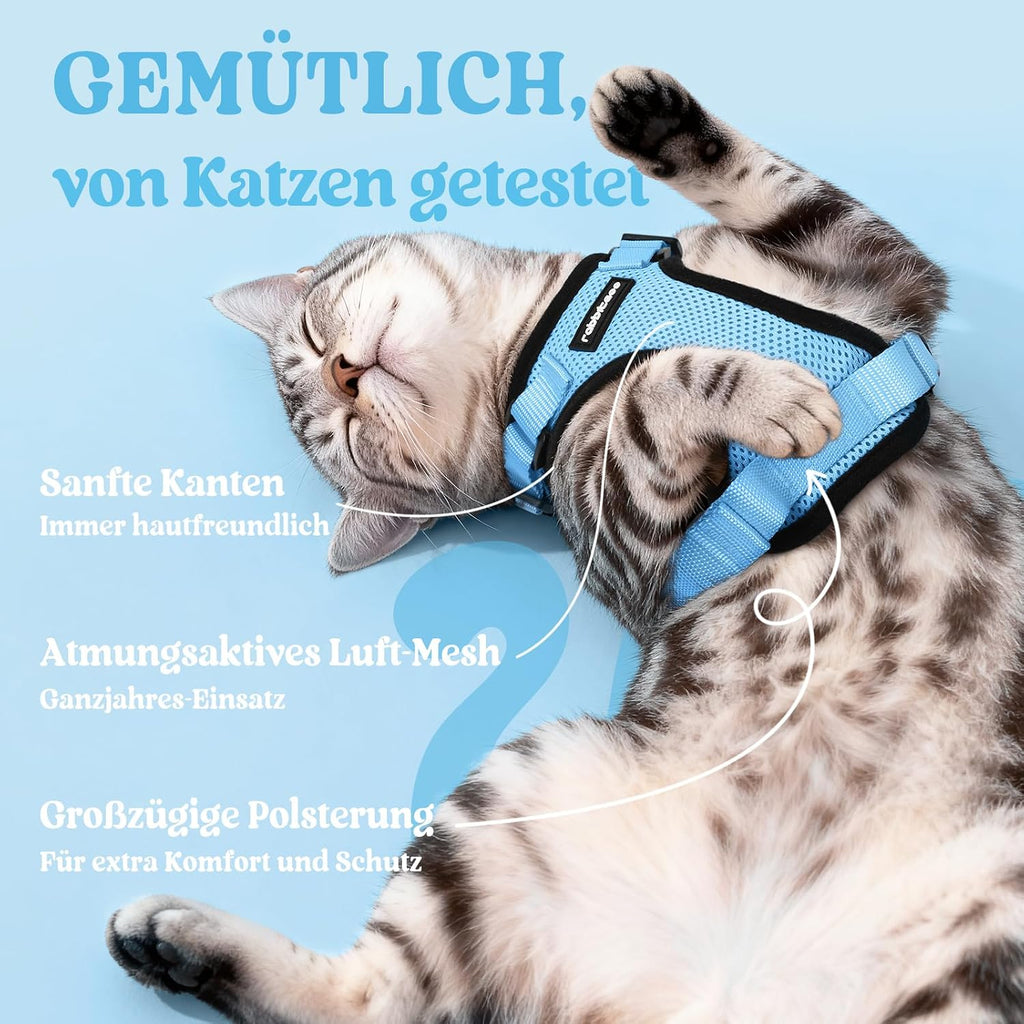 rabbitgoo Katzenweste Geschirr ausbruchsicher verstellbar XS Hellblau mit Leine