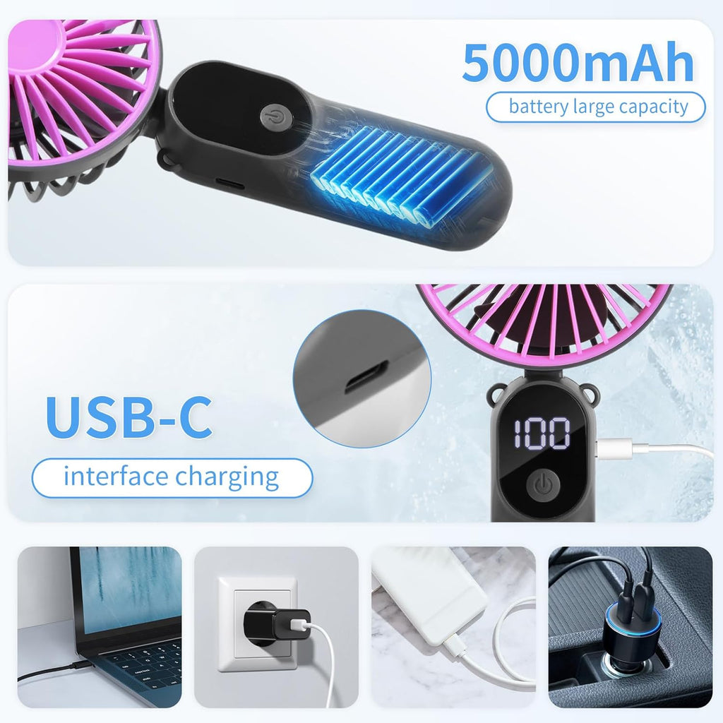 CNMTCCO Handventilator faltbar wiederaufladbar 6 Stufen LED-Anzeige USB Dunkelbl