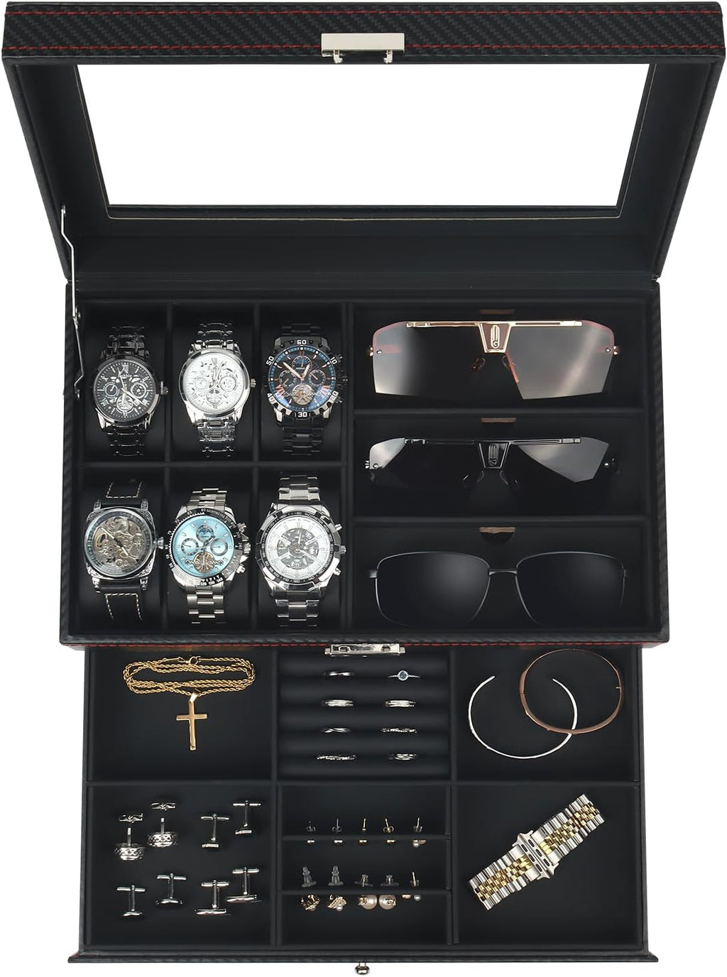 Uhren- und Sonnenbrillenbox mit Glasdeckel 6 Faecher Schmuckkasten Herren