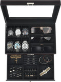 Uhren- und Sonnenbrillenbox mit Glasdeckel 6 Faecher Schmuckkasten Herren