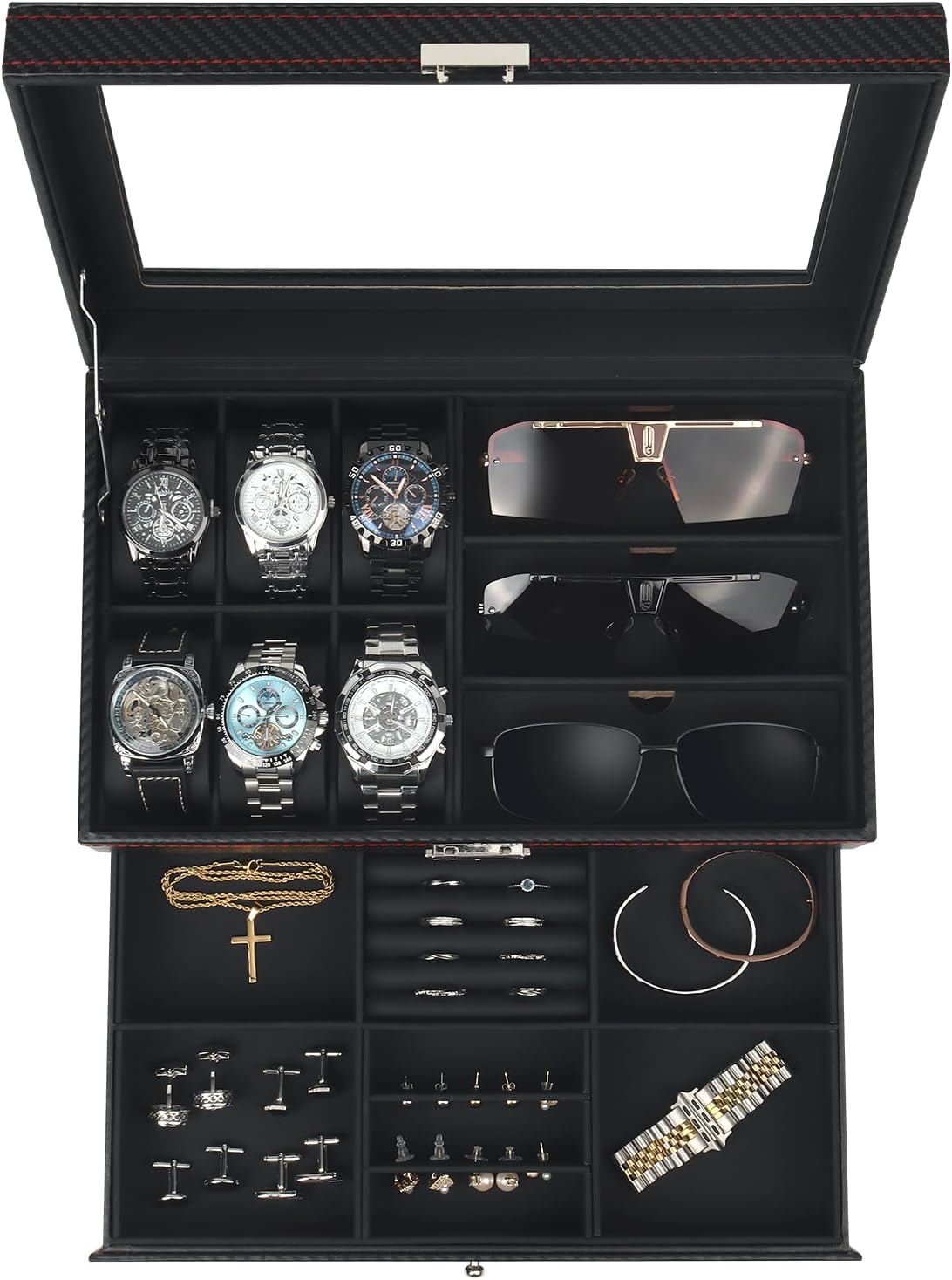 Uhren- und Sonnenbrillenbox mit Glasdeckel 6 Faecher Schmuckkasten Herren