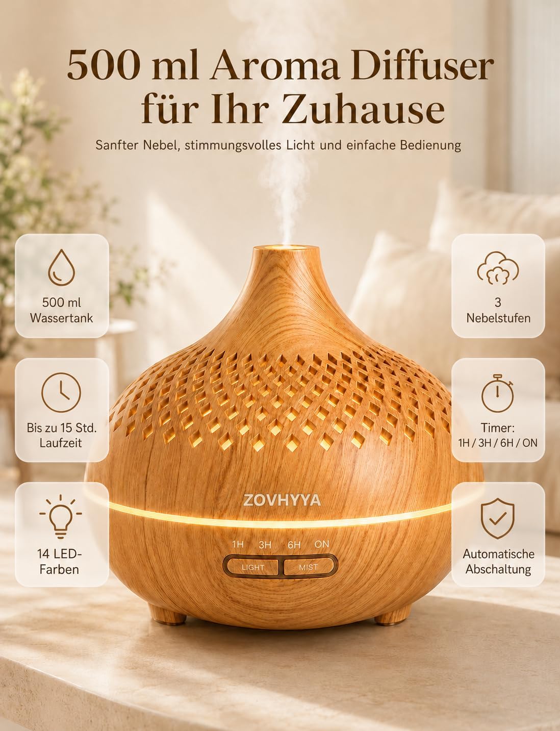 Aroma Diffuser 500 ml Duftdiffusor Set mit Fernbedienung LED Timer