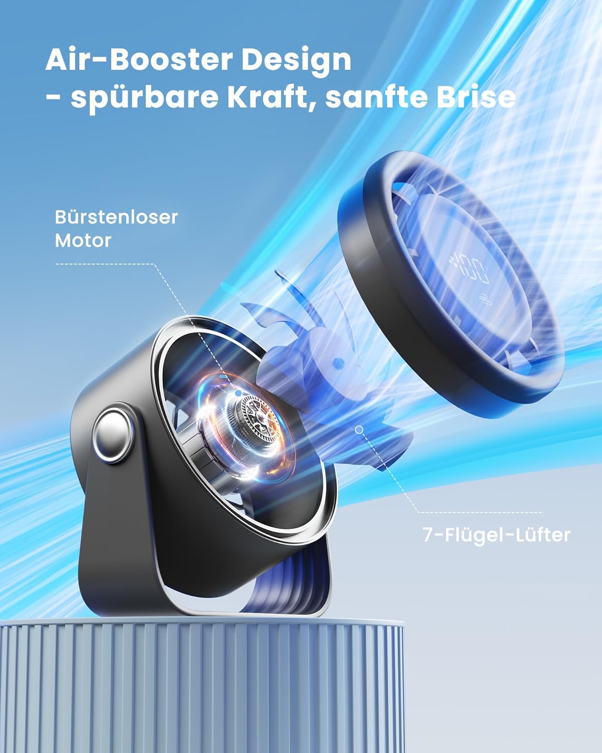 Gaiatop Akku Tischventilator USB 5 Stufen 360° neigbar Touch-Display Schwarz