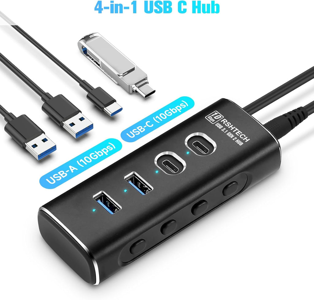 RSHTECH USB‑C Hub 7‑Port 10 Gbps mit Netzteil, USB Splitter Adapter