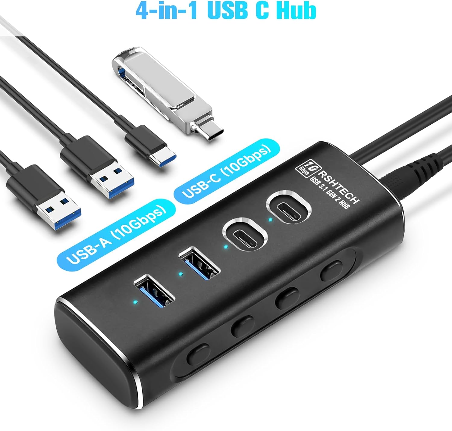 RSHTECH USB‑C Hub 7‑Port 10 Gbps mit Netzteil, USB Splitter Adapter