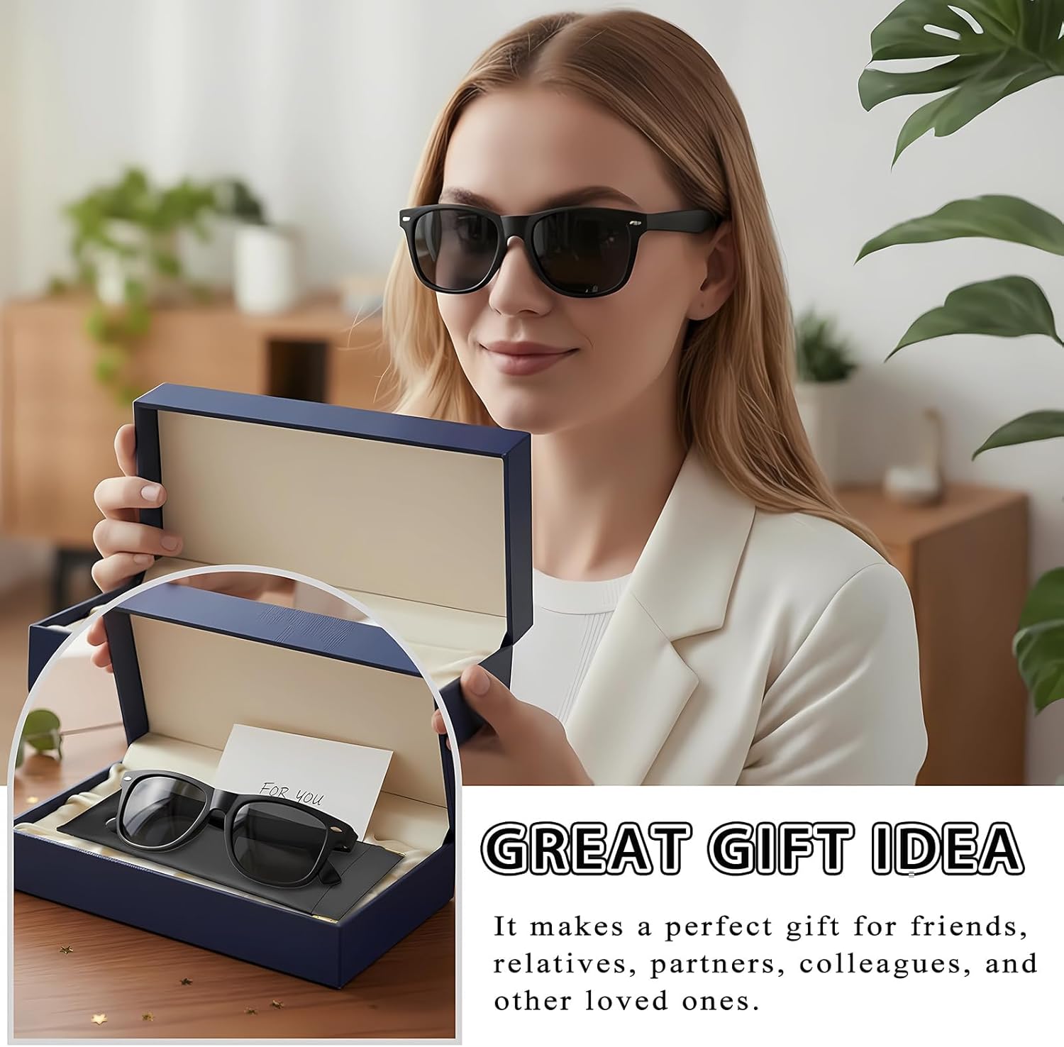 Polarisiert Sonnenbrille Herren Damen UV400 rechteckig Schwarz mit Etui