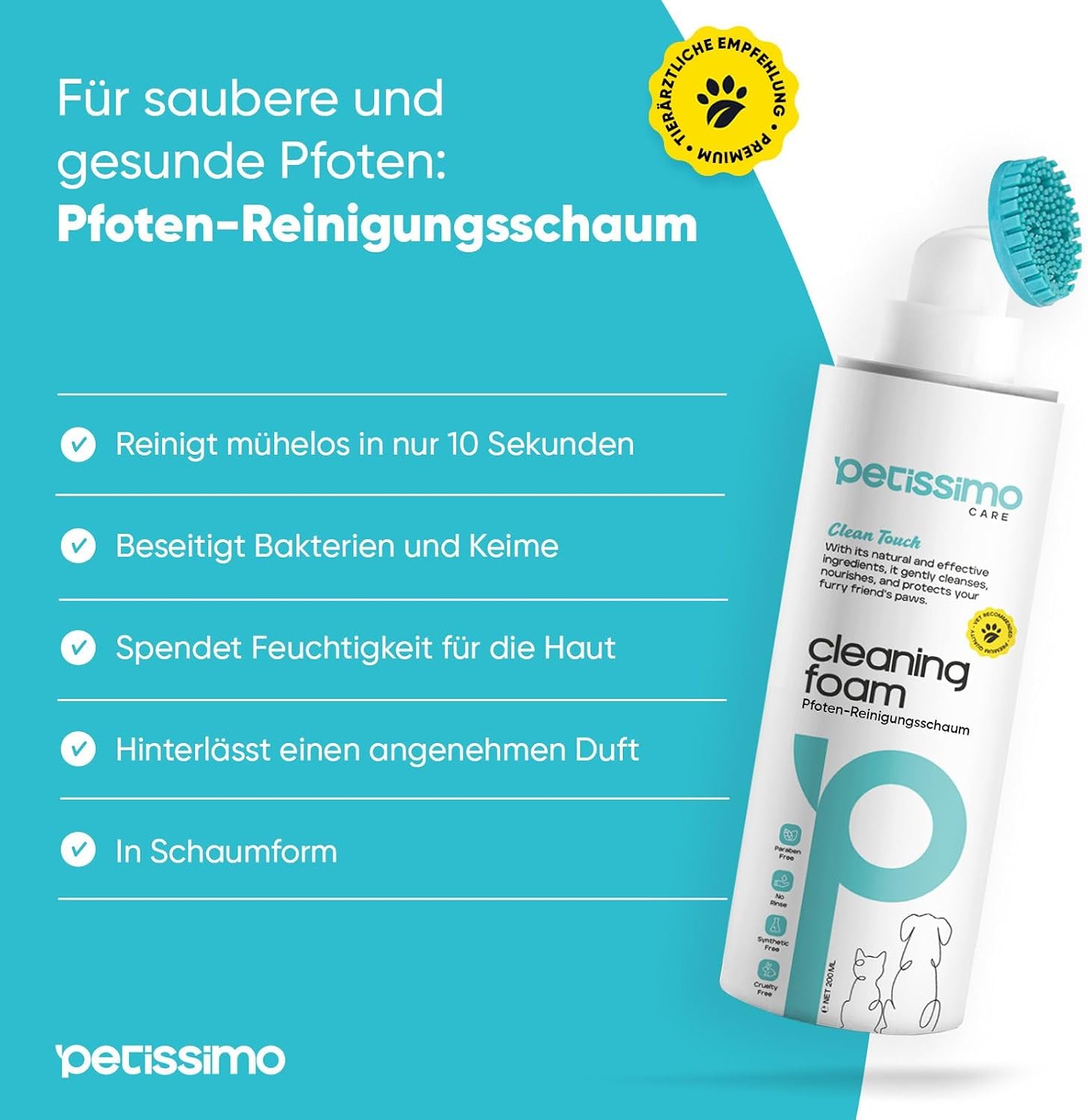 Petissimo Pfoten Reinigungsschaum fuer Hunde und Katzen wasserfrei und sanft
