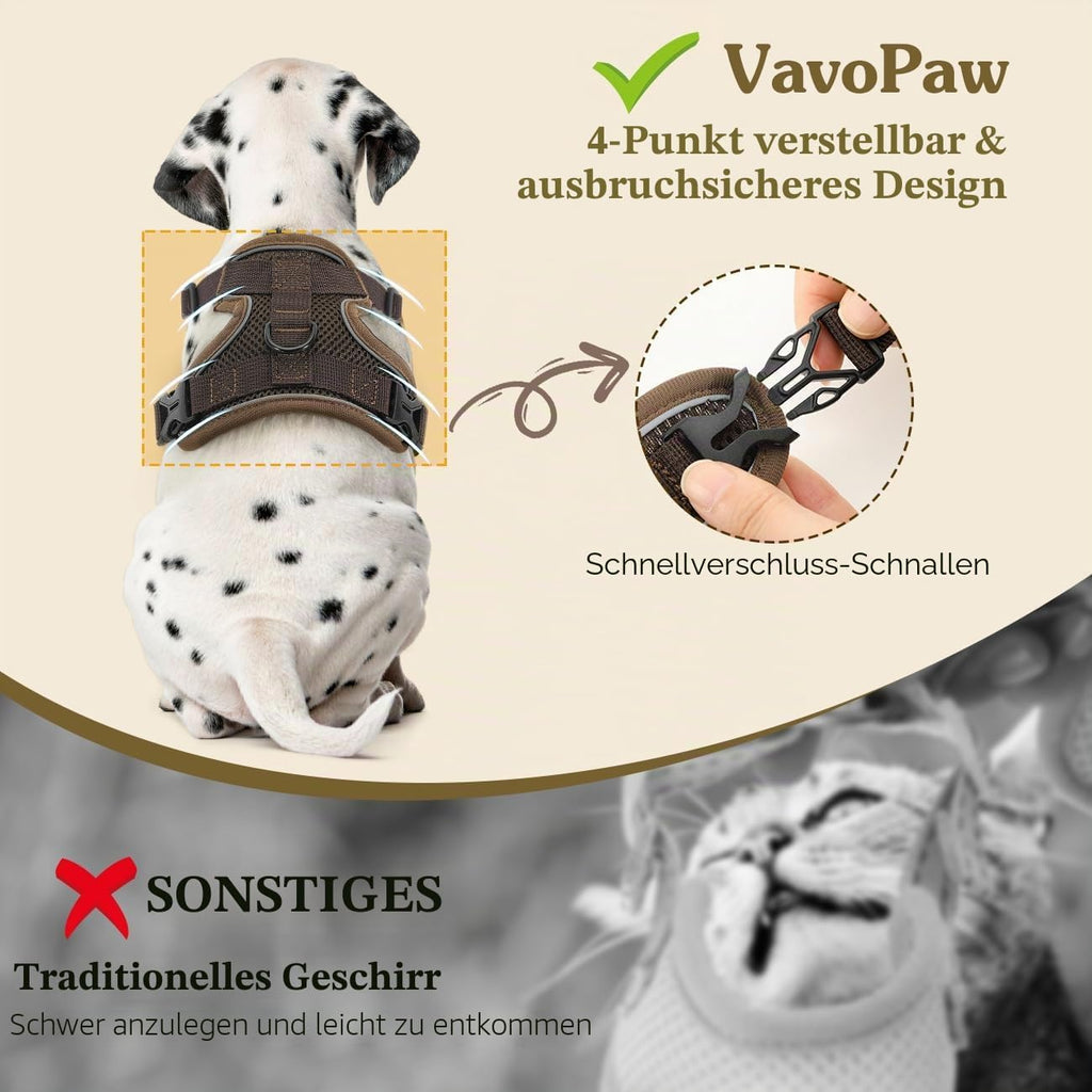 VavoPaw Katzen-Geschirr verstellbar XS-XL mit Leine, atmungsaktiv, reflektierend