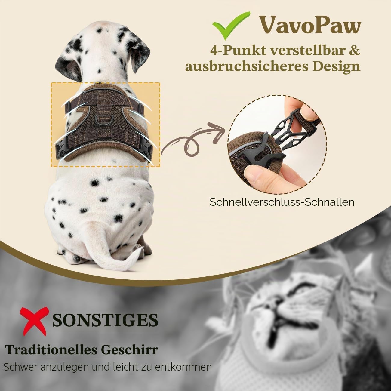 VavoPaw Katzen-Geschirr verstellbar XS-XL mit Leine, atmungsaktiv, reflektierend