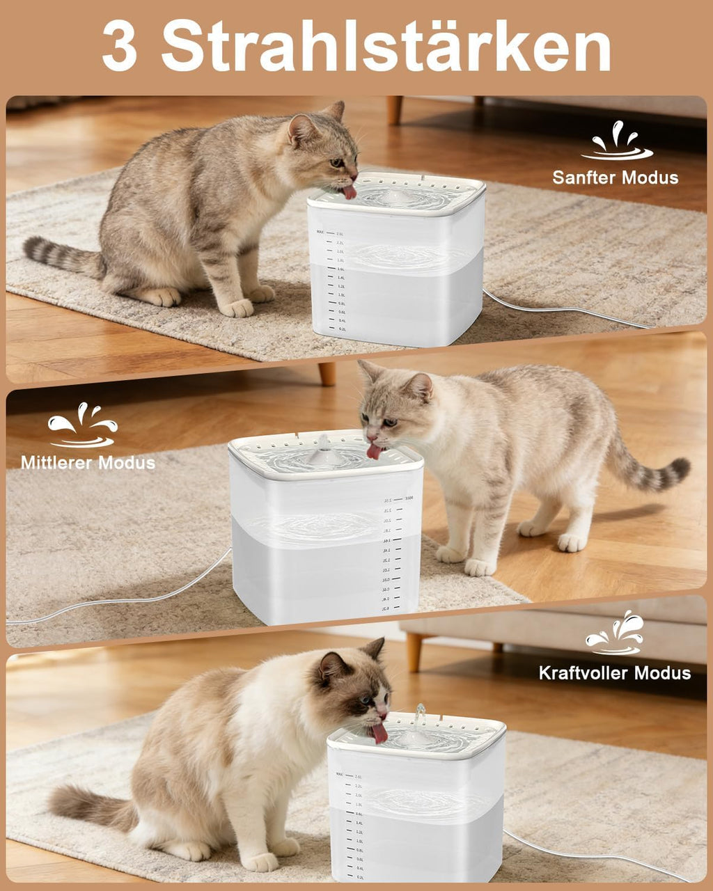 Katzen Trinkbrunnen 3L mit leisem Pumpenmotor transparentem Tank und 2 Filtern