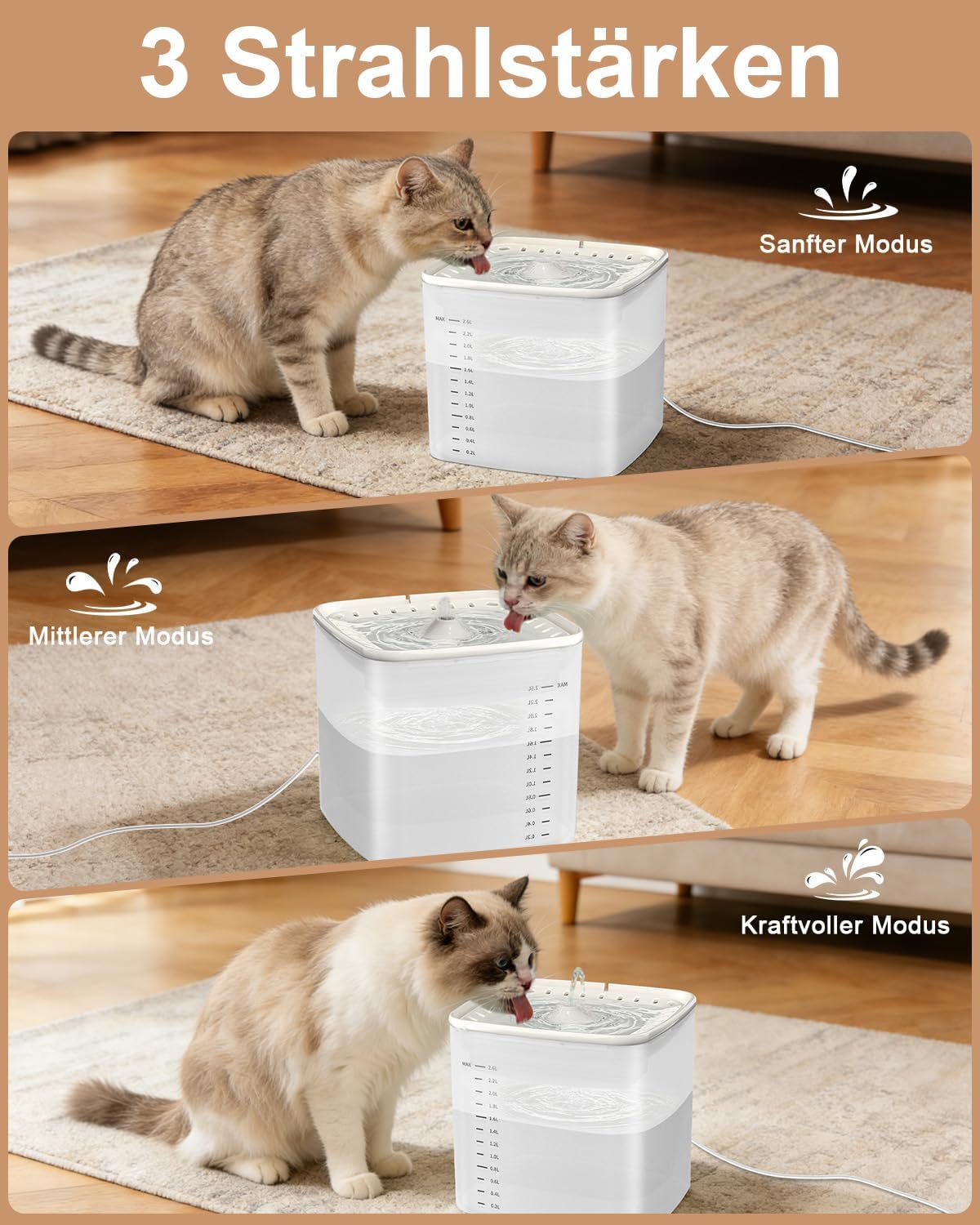 Katzen Trinkbrunnen 3L mit leisem Pumpenmotor transparentem Tank und 2 Filtern