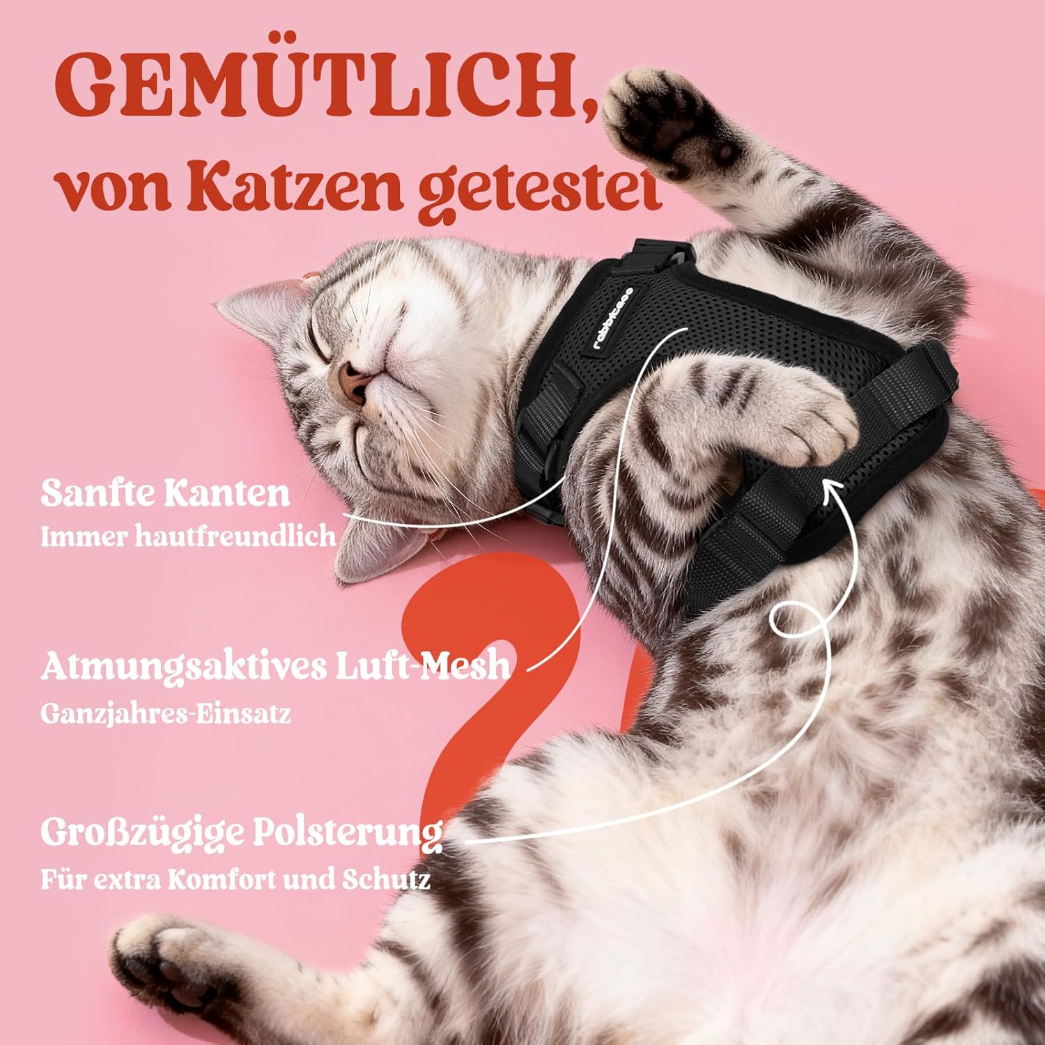 rabbitgoo Katzenbrustgeschirr verstellbar reflektierend mit Leine Schwarz M