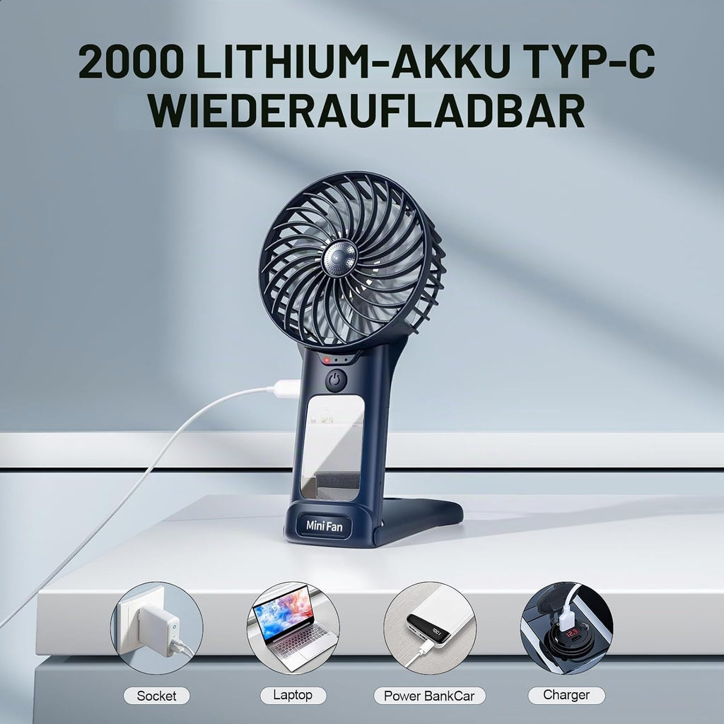 Handventilator USB wiederaufladbar 2000mAh 4 Stufen leiser Mini mit Spiegel