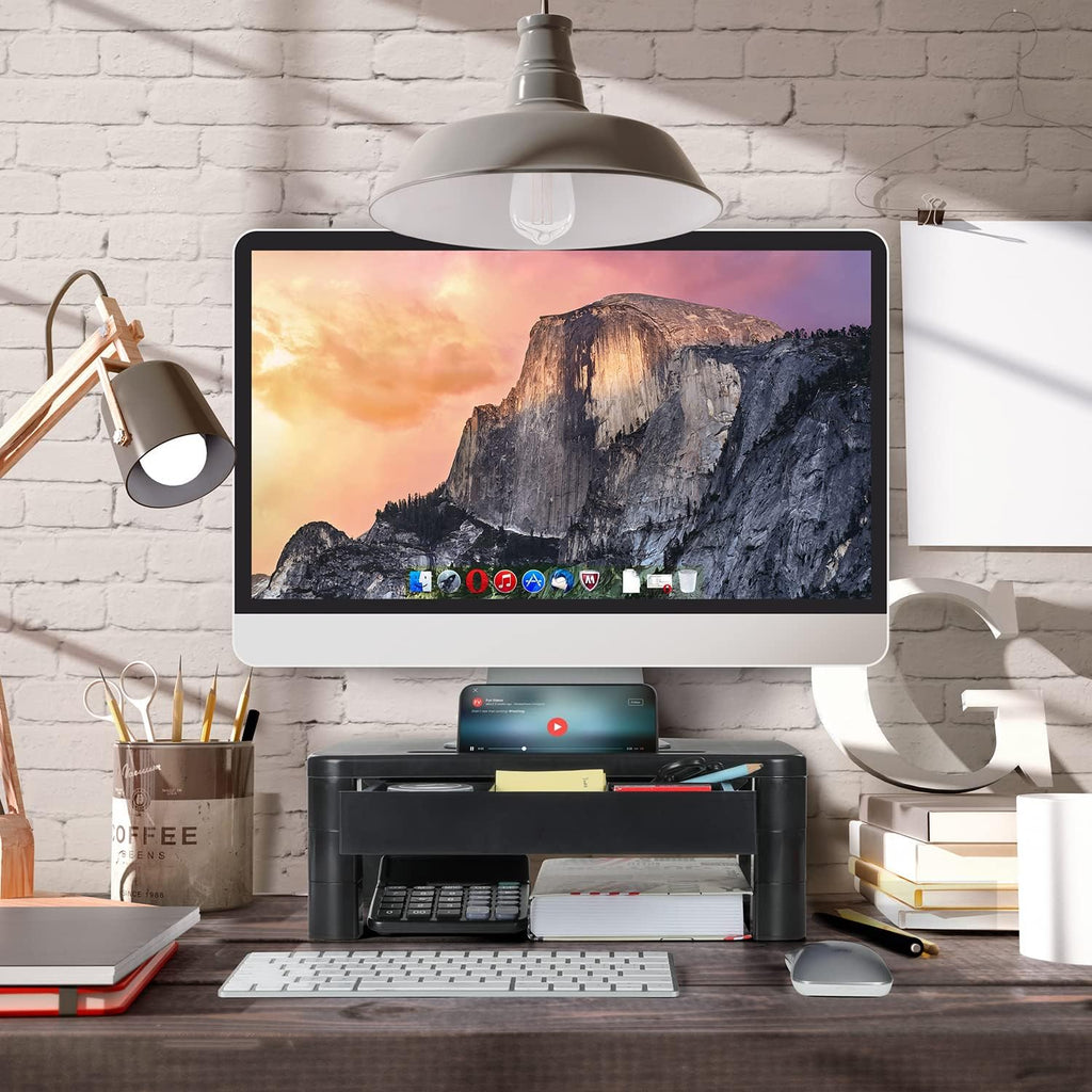 LORYERGO Monitorstaender hoehenverstellbar mit Schublade und Handyhalter PC Organi