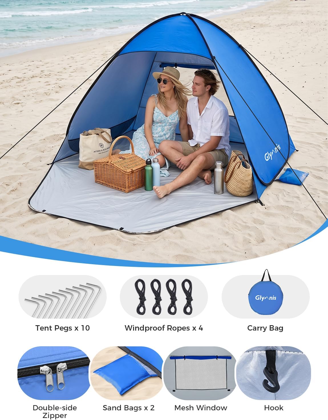 Glymnis Pop-up Strandmuschel Strandzelt UV50+ mit Reissverschlusstuer Windschutz B