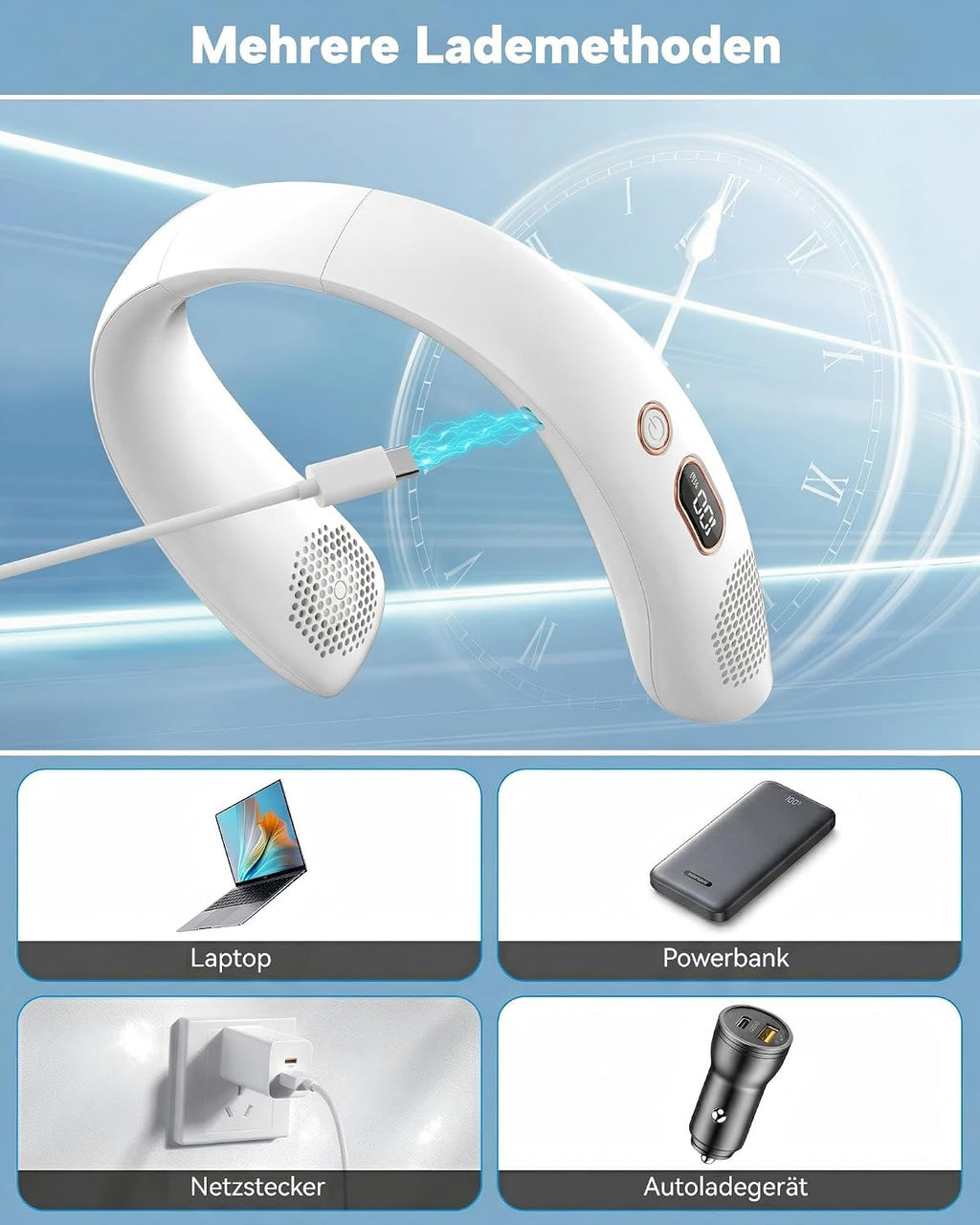 Nackenventilator ohne Rotor mit LED Display 3 Stufen 2400mAh USB wiederaufladbar