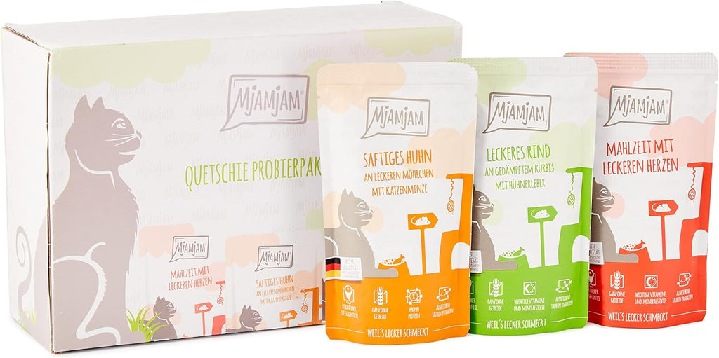 MjAMjAM Premium Katzen Nassfutter Mixpaket I 12x125g Huhn Rind Herzen getreidefr