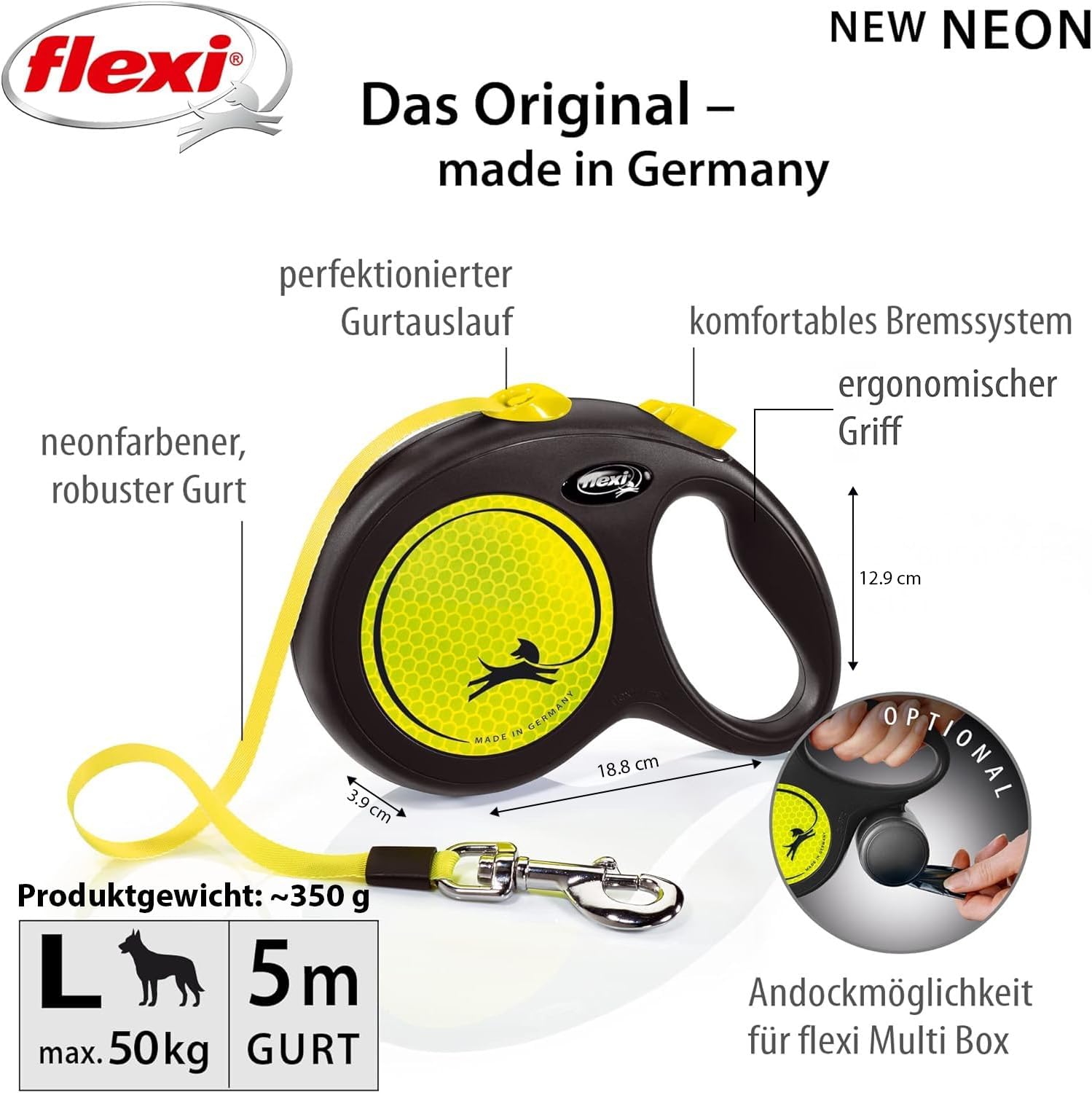 flexi Neon S 5m Roll-Leine schwarz mit neon-gelbem Gurt fuer Hunde bis