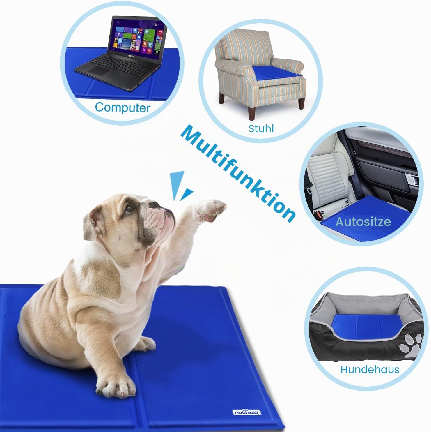 Nobleza Kuehlmatte fuer Hunde 65x50 cm Blau selbstkuehlend Gel 1cm-2cm