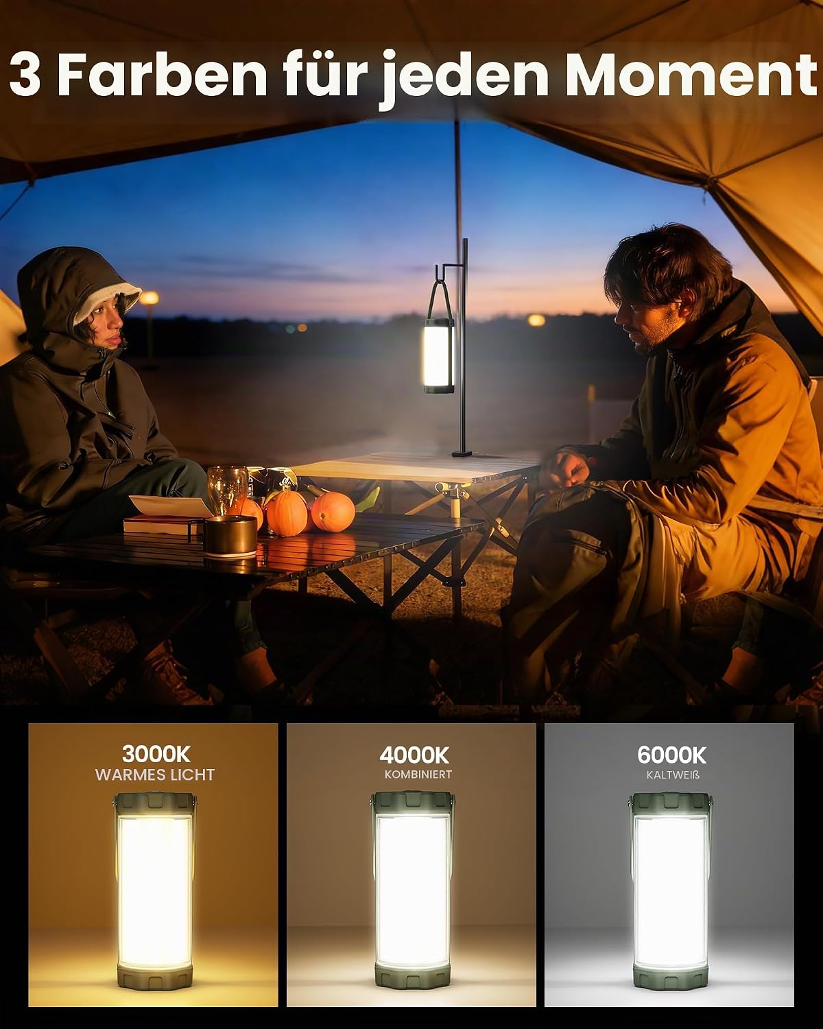 Glocusent Campinglampe 5000mAh mit 5 Helligkeitsstufen, SOS, IP68, 80 Std