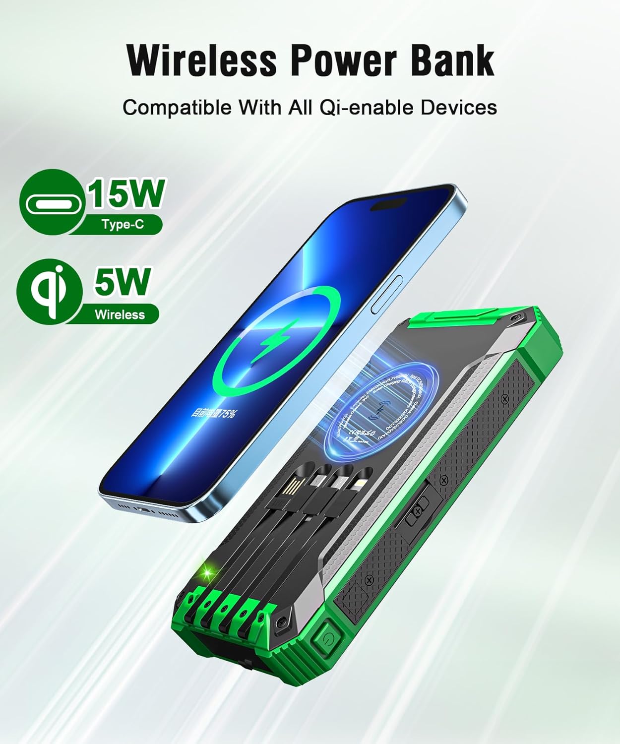 Solar Powerbank 26800 mAh 15W USB‑C Ein-/Ausgang Wireless Solarladegeraet mit Tas