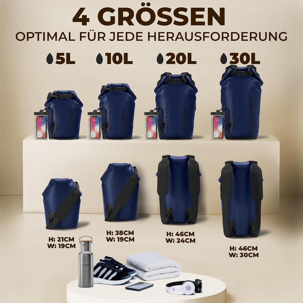 Nordlight Dry Bag 20 L wasserdichter Packsack mit Schultergurt & Handyhuelle