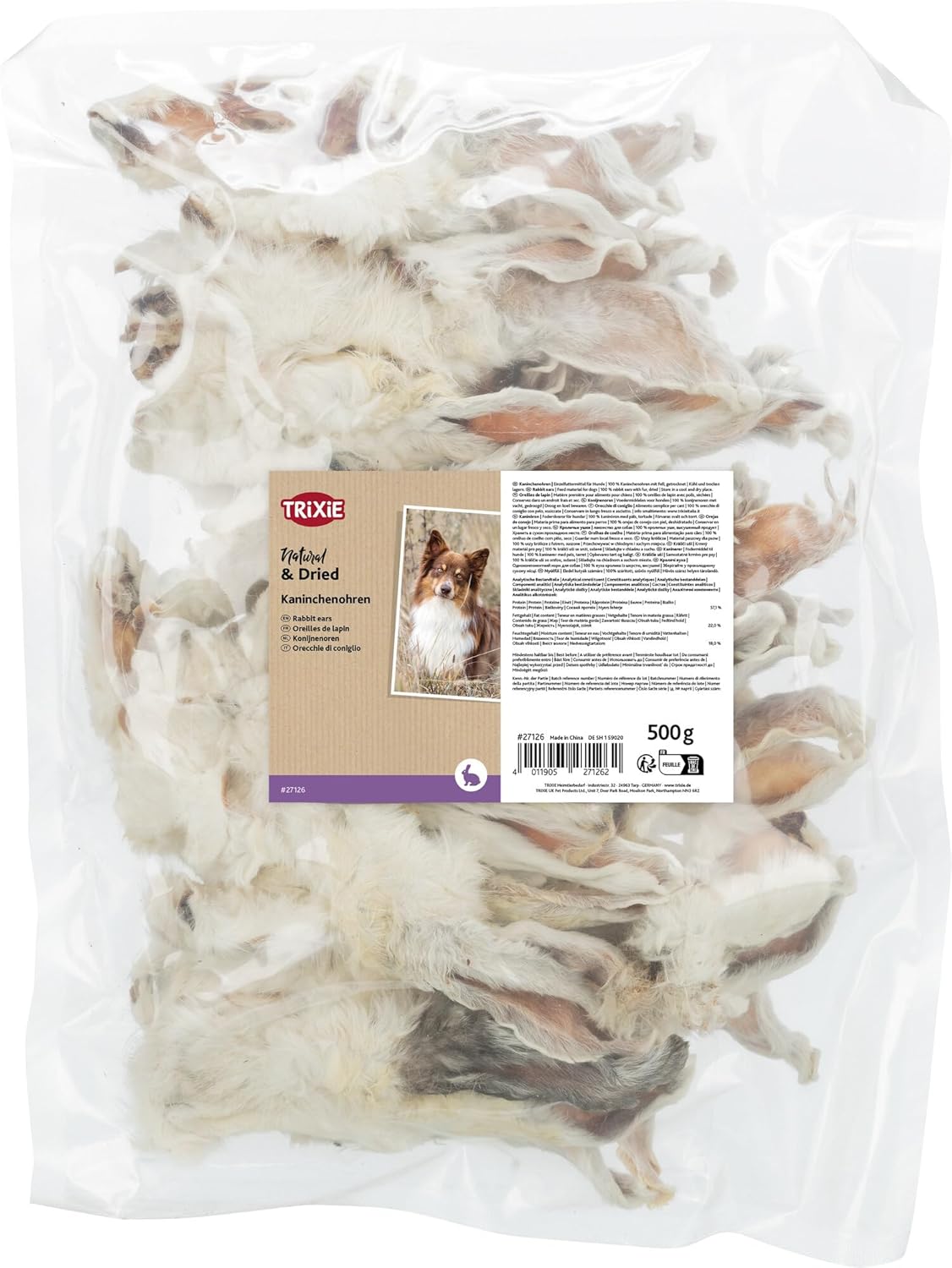 Trixie Kaninchenohren mit Fell Hundesnack Kauartikel 500 g