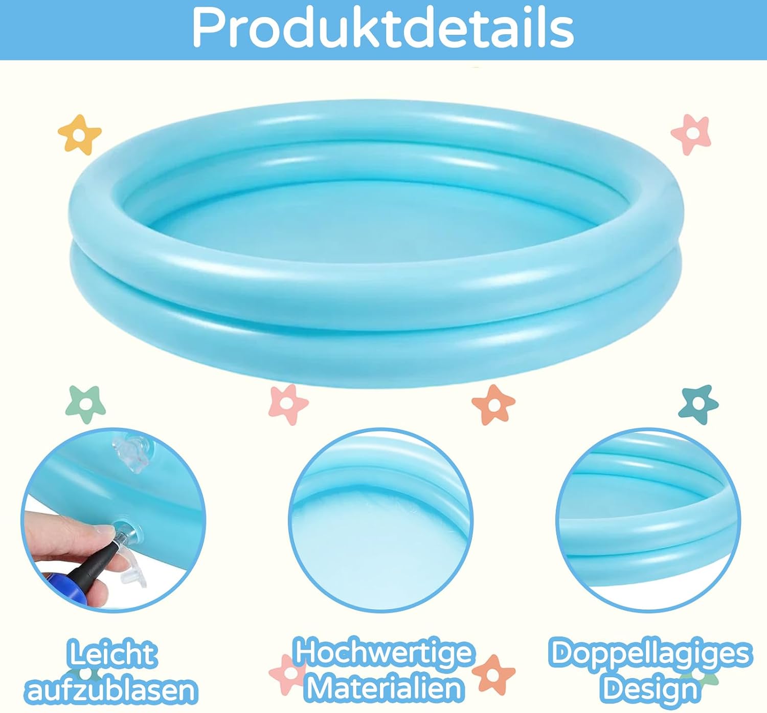 Aufblasbares Kinder Planschbecken 60 cm PVC rutschfest Blau Garten