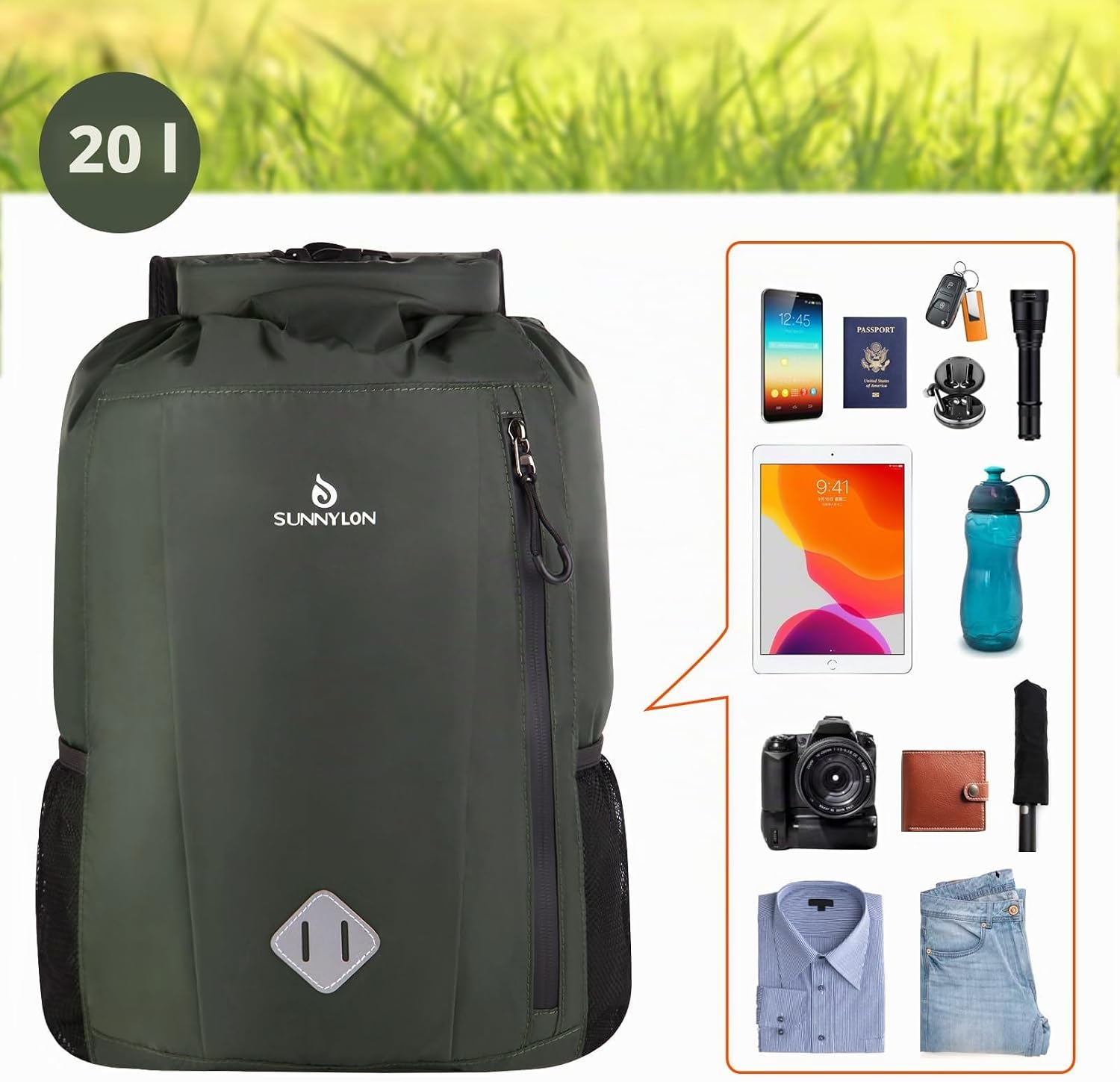 Dry Bag Rucksack 20L wasserdicht IPX8 Rolltop mit Handyhuelle fuer Kajak Strand Wa