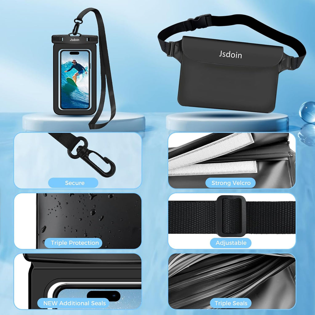 Jsdoin wasserdichte Bauchtasche mit verstellbarem Band + Handyhuelle, Schwarz