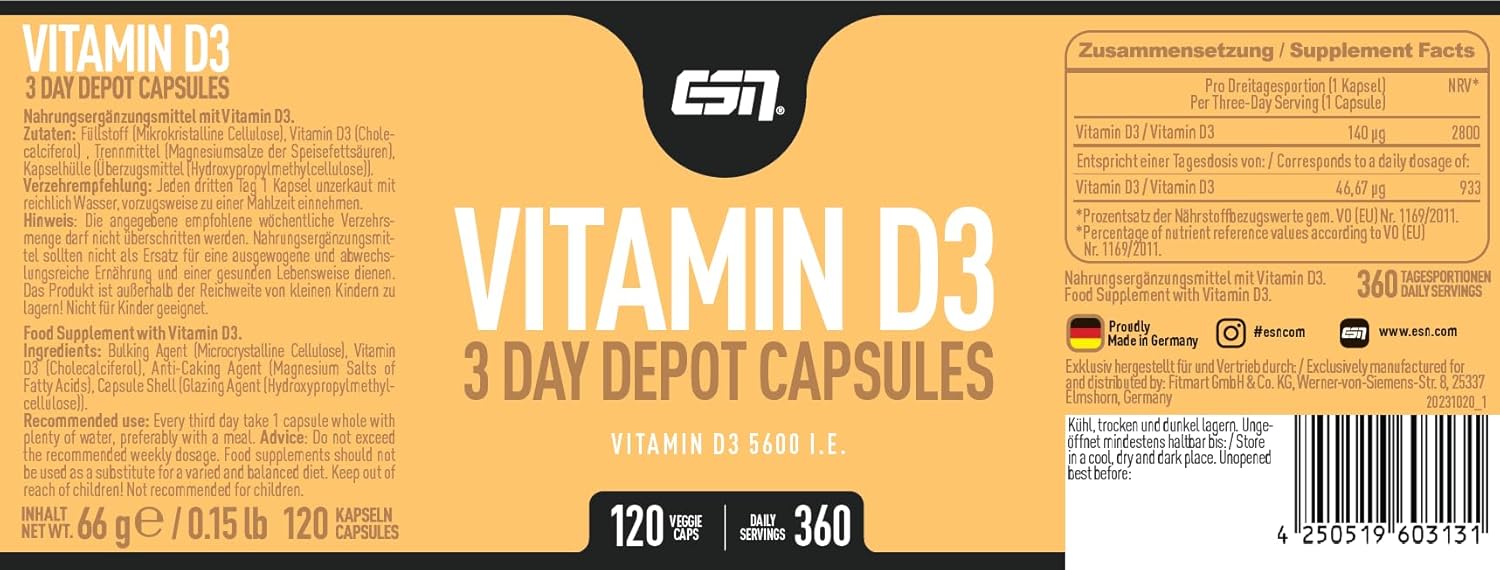 ESN Vitamin D3 120 Kapseln hochdosiert 120 Stk. Nahrungsergaenzung