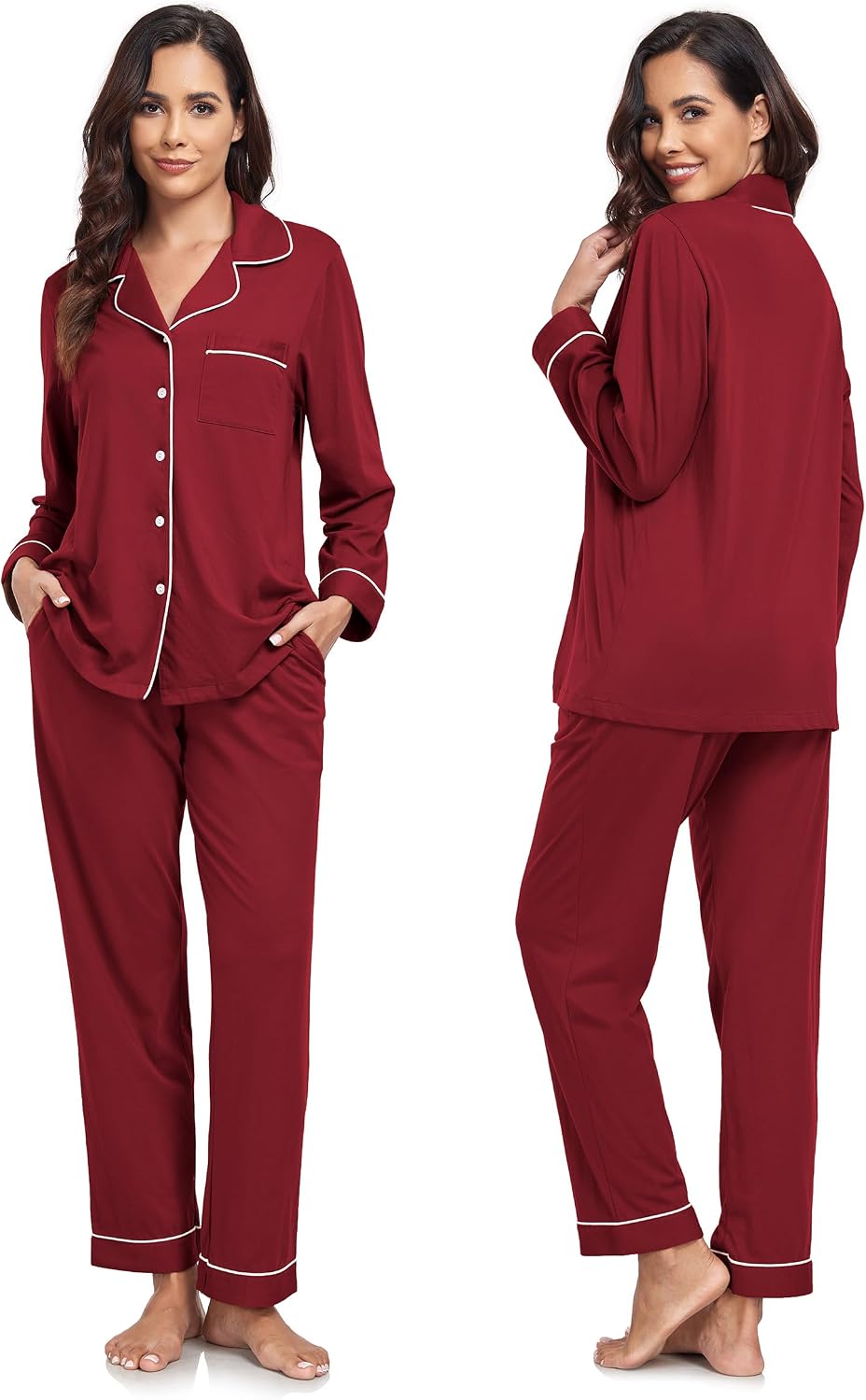 Colorfulleaf Damen Schlafanzug Lang Zweiteiler 100% Baumwolle Knopfleiste S-XXL